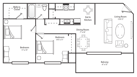 Floor plan for 2 beds, 1 bath, 750 sqft